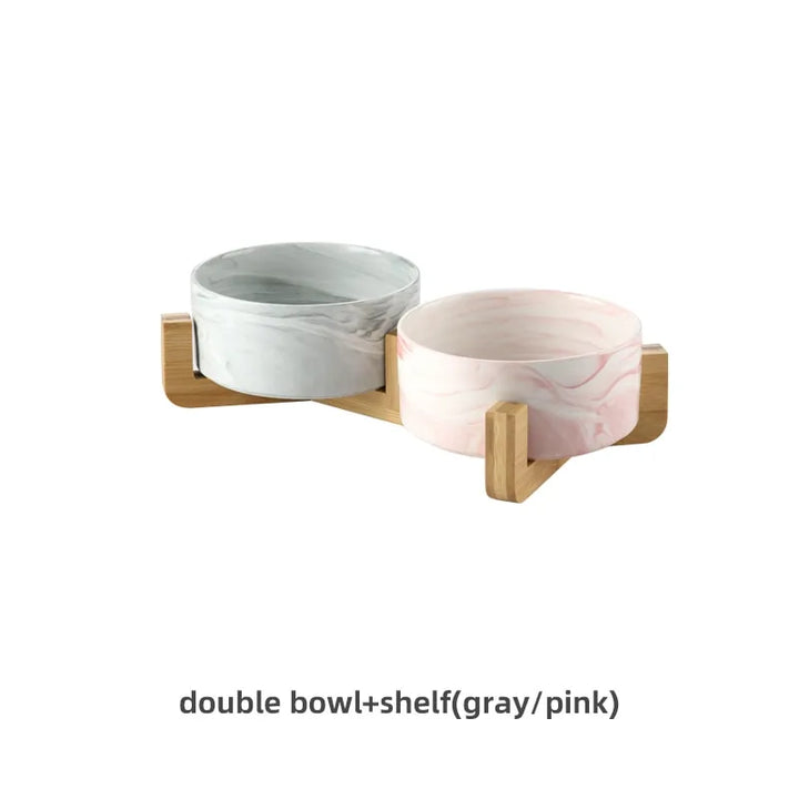 Marble-Pattern Ceramic Double Pet Bowl