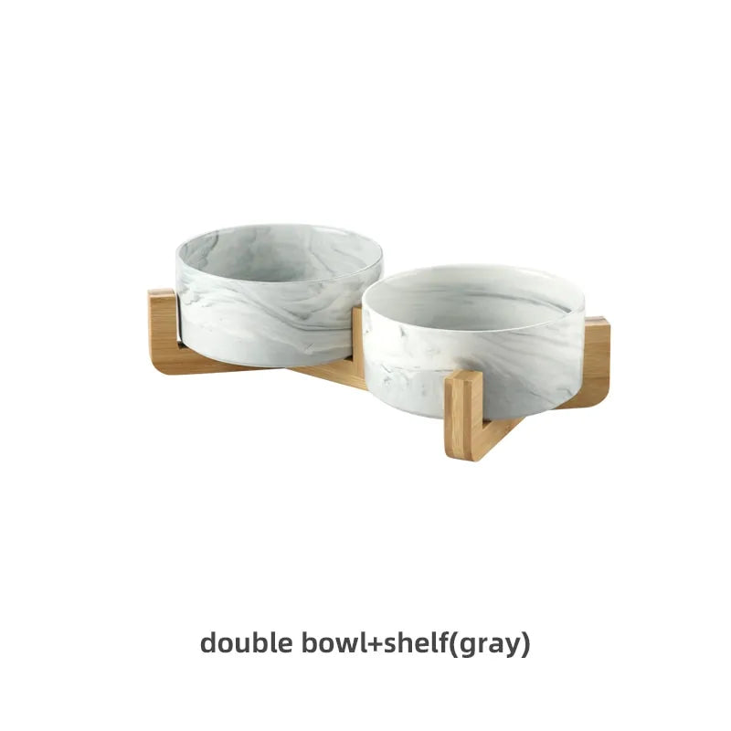 Marble-Pattern Ceramic Double Pet Bowl