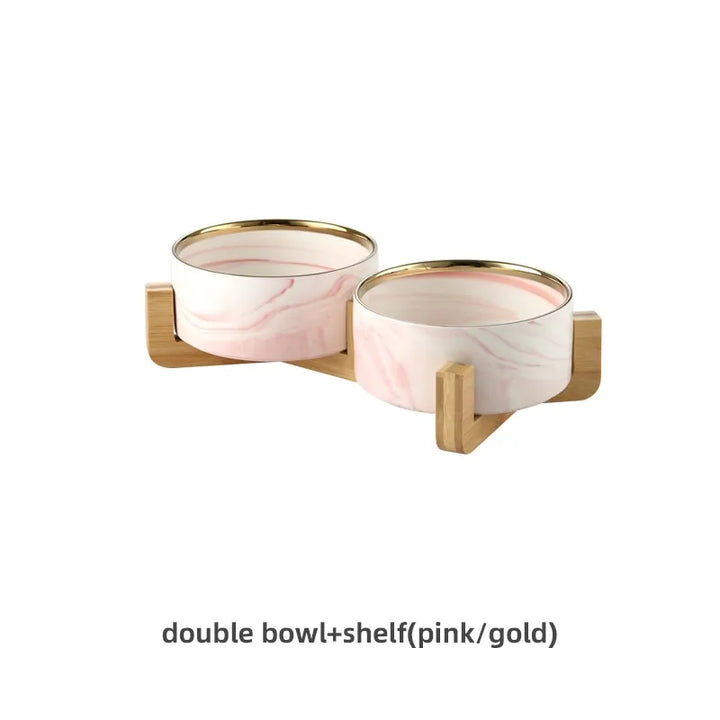 Marble-Pattern Ceramic Double Pet Bowl