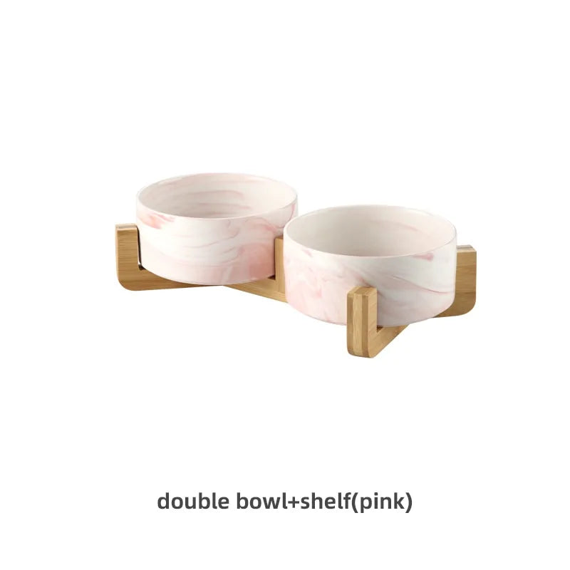 Marble-Pattern Ceramic Double Pet Bowl