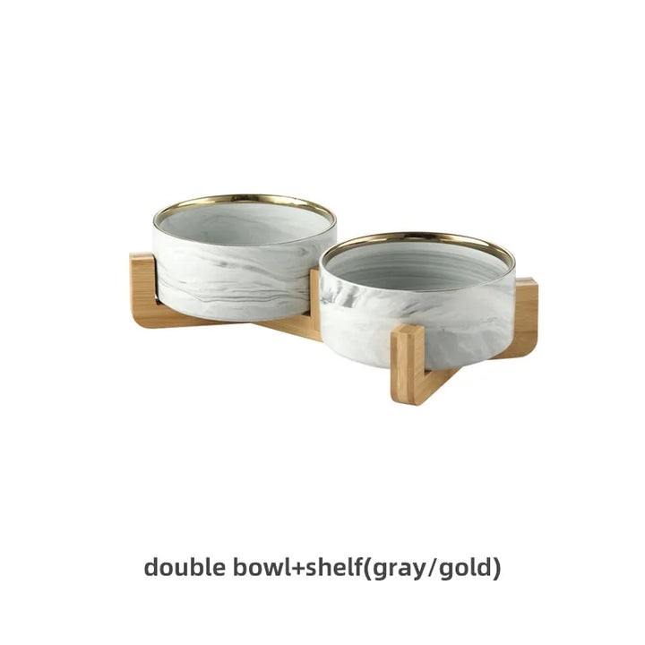 Marble-Pattern Ceramic Double Pet Bowl