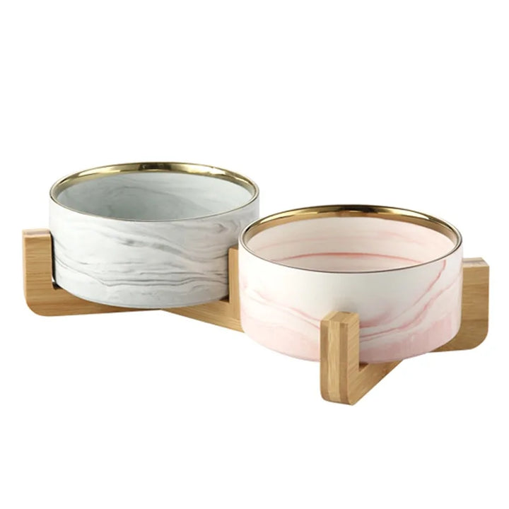 Marble-Pattern Ceramic Double Pet Bowl