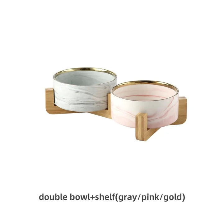 Marble-Pattern Ceramic Double Pet Bowl