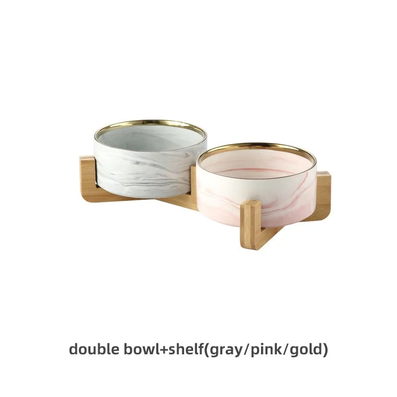 Marble-Pattern Ceramic Double Pet Bowl